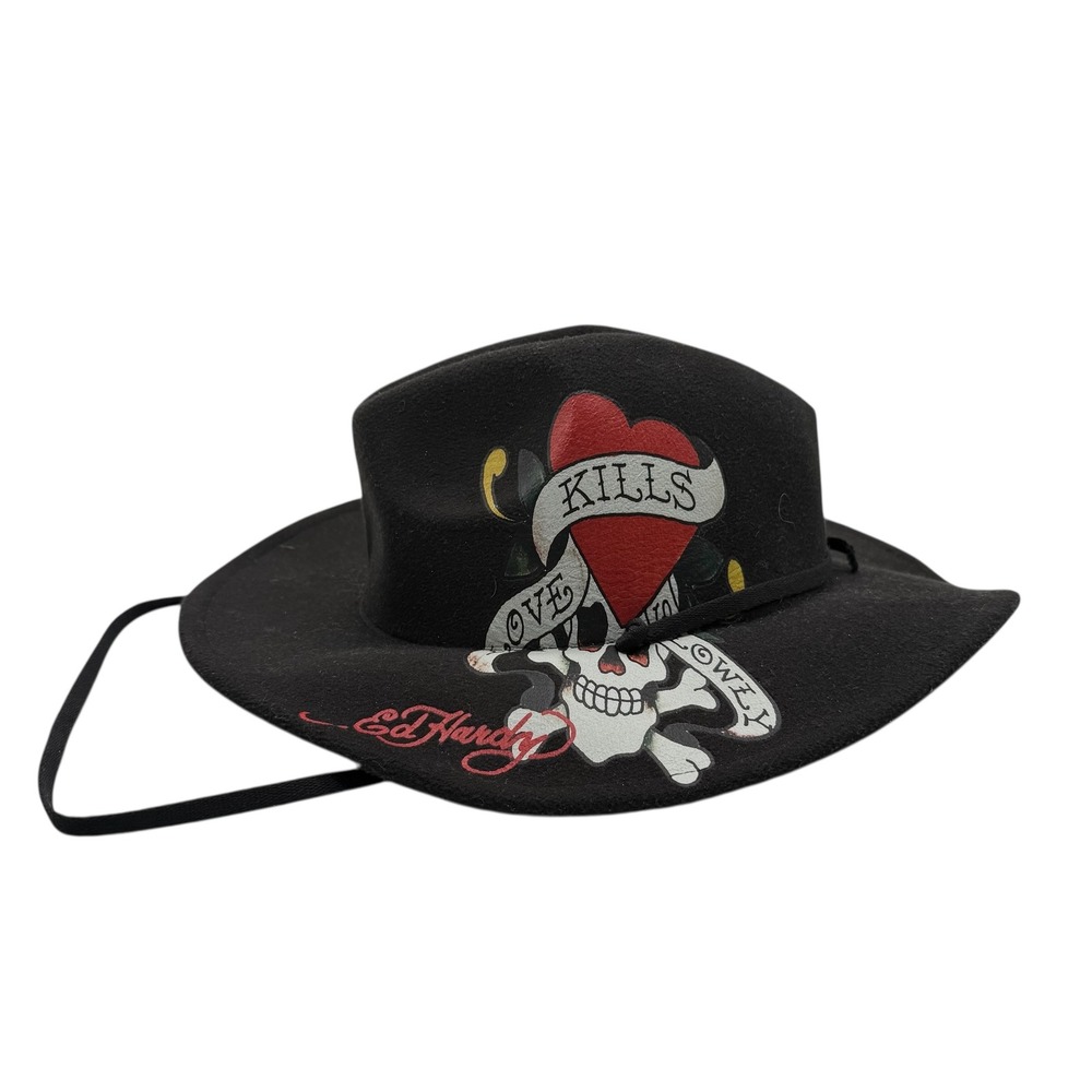 Ed Hardy Cowboy Hat Skull Roses Black Western Fedora Style Love Kills One Size